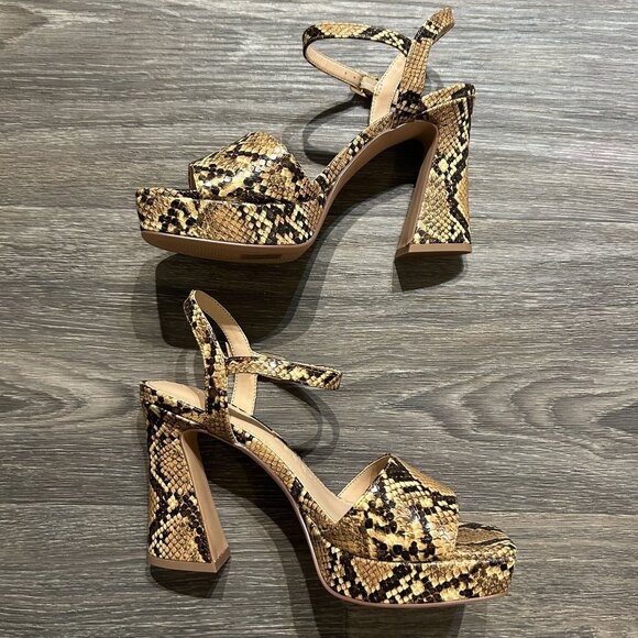 Katy Perry Size 8 38 Square Platform Sandals Snake Print Brown Tan Chunky Heels - Picture 4 of 14
